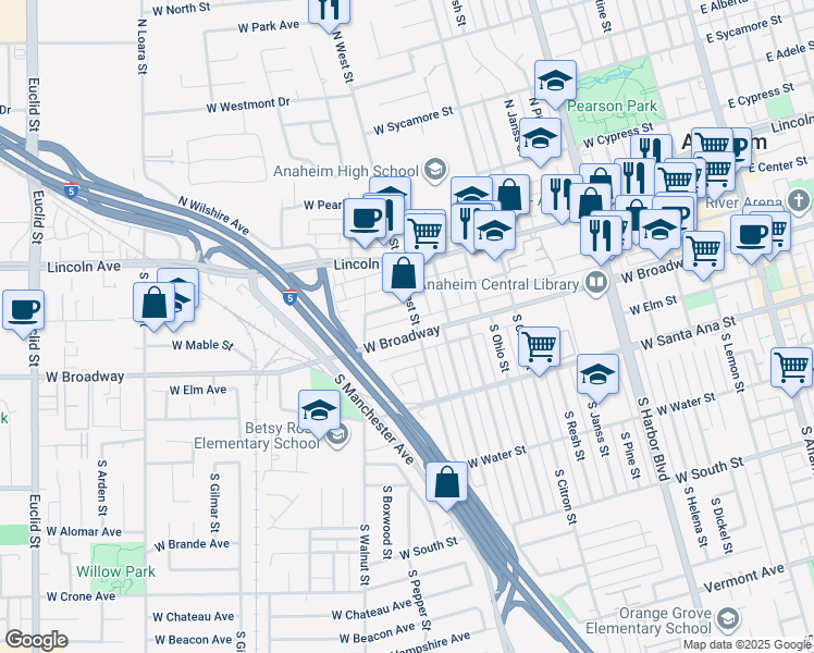 map of restaurants, bars, coffee shops, grocery stores, and more near in Anaheim