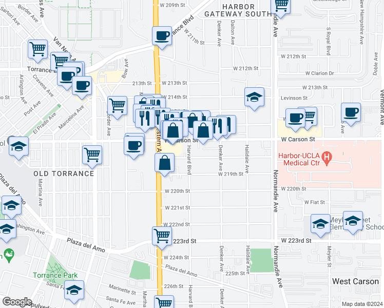 map of restaurants, bars, coffee shops, grocery stores, and more near 1569 West 218th Street in Torrance