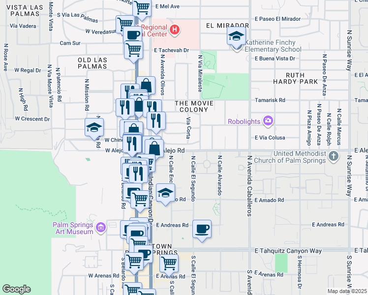 map of restaurants, bars, coffee shops, grocery stores, and more near 477 East Vía Colusa in Palm Springs