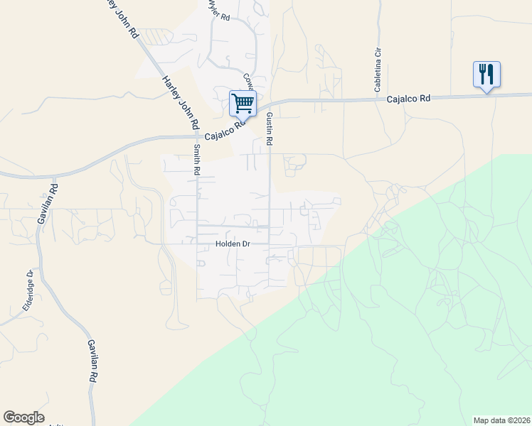 map of restaurants, bars, coffee shops, grocery stores, and more near 19881 Gustin Road in Perris