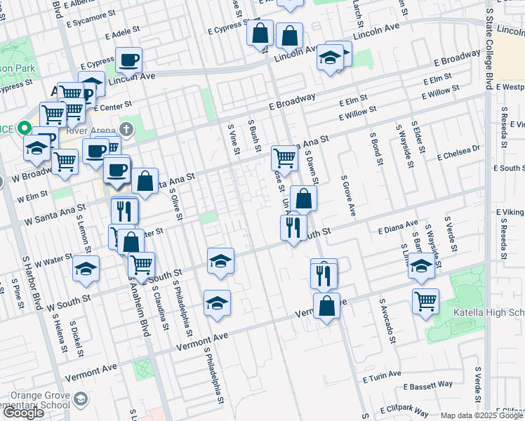 map of restaurants, bars, coffee shops, grocery stores, and more near 901 East South Street in Anaheim