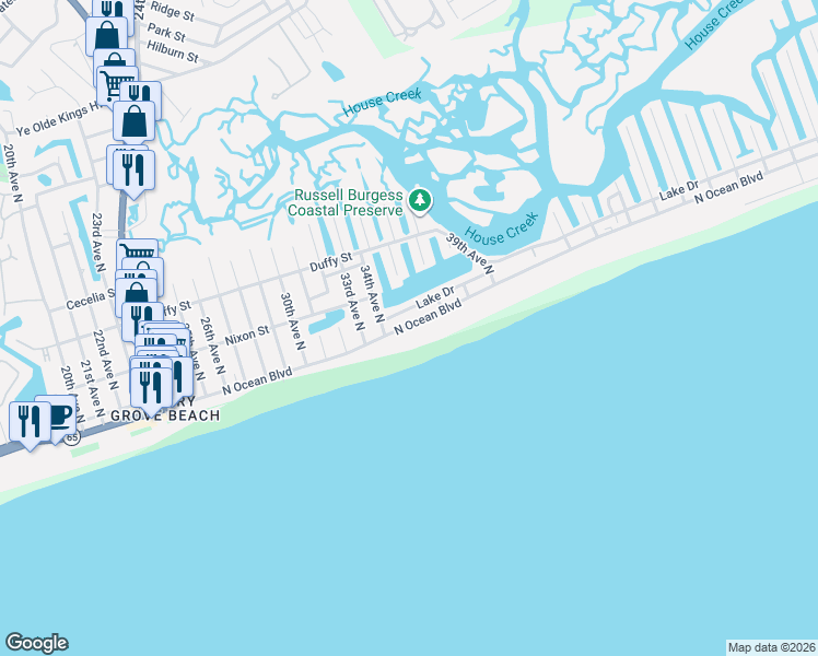 map of restaurants, bars, coffee shops, grocery stores, and more near 3501 North Ocean Boulevard in North Myrtle Beach