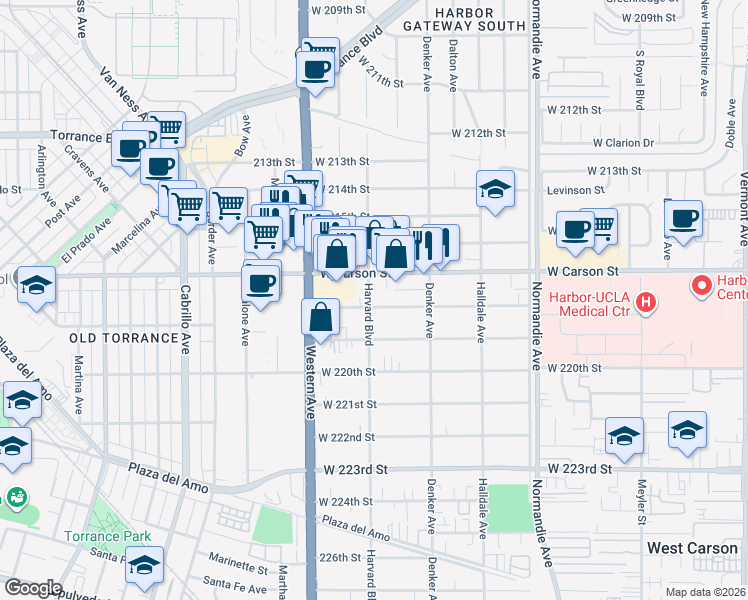 map of restaurants, bars, coffee shops, grocery stores, and more near 1569 West 218th Street in Torrance