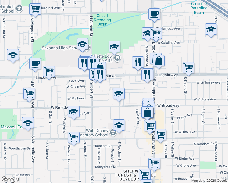 map of restaurants, bars, coffee shops, grocery stores, and more near 2350 West Canopy Lane in Anaheim