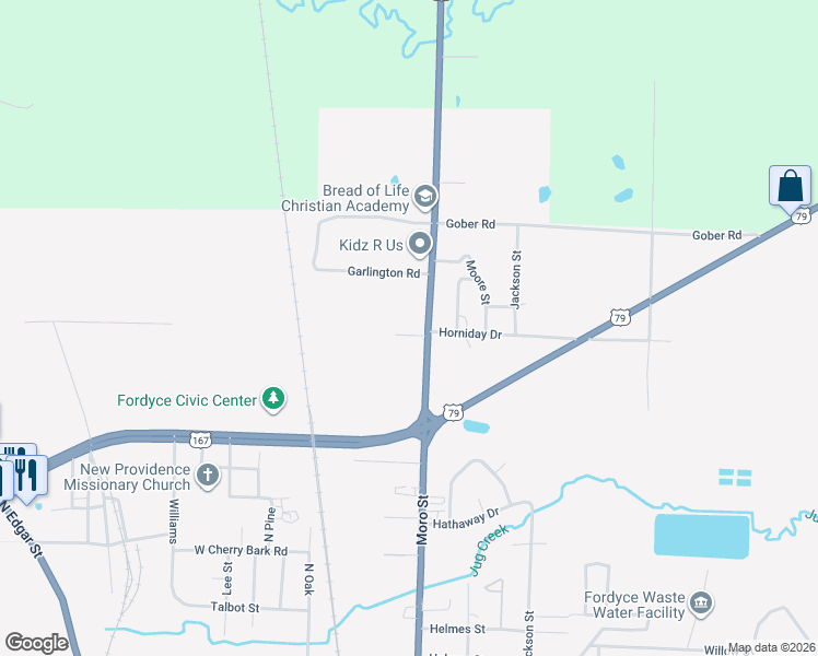 map of restaurants, bars, coffee shops, grocery stores, and more near 1954-2026 U.S. 167 in Fordyce