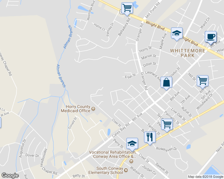 map of restaurants, bars, coffee shops, grocery stores, and more near 2622 Lincoln Park Drive in Conway