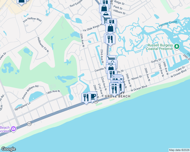 map of restaurants, bars, coffee shops, grocery stores, and more near 408 21st Avenue North in North Myrtle Beach