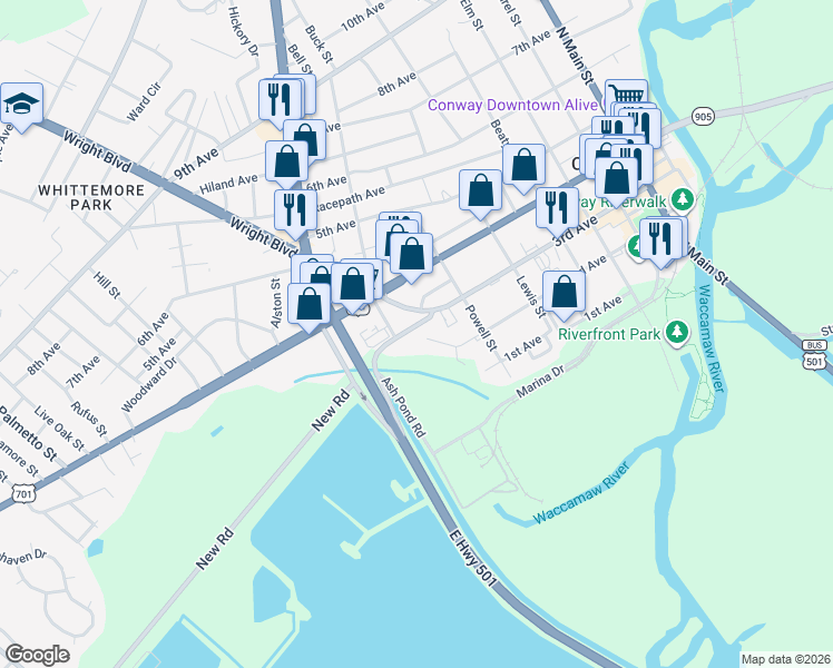 map of restaurants, bars, coffee shops, grocery stores, and more near 1511 3rd Avenue in Conway