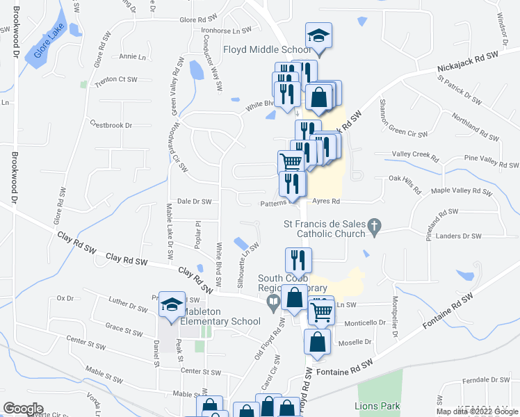 map of restaurants, bars, coffee shops, grocery stores, and more near 767 Patterns Drive in Mableton
