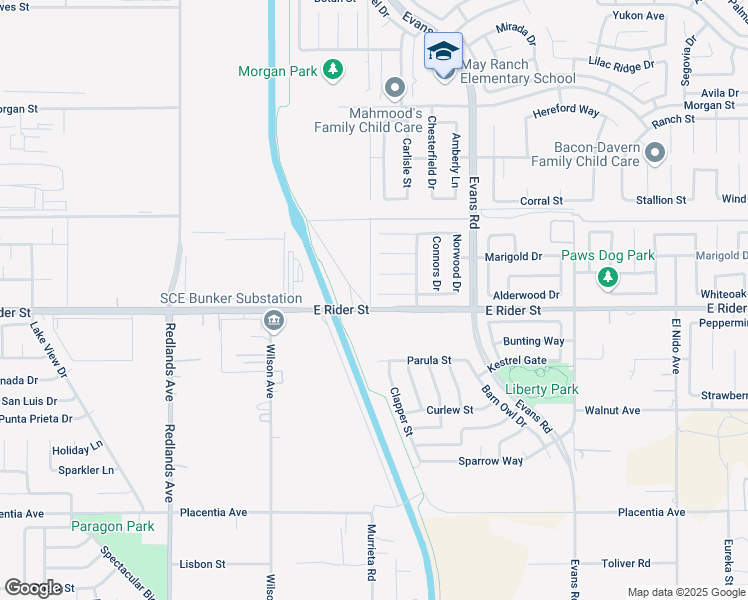 map of restaurants, bars, coffee shops, grocery stores, and more near 805 Finnegan Way in Perris