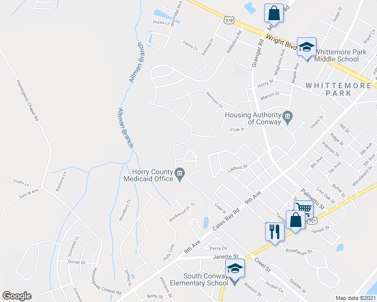 map of restaurants, bars, coffee shops, grocery stores, and more near 1300 Creel Street in Conway
