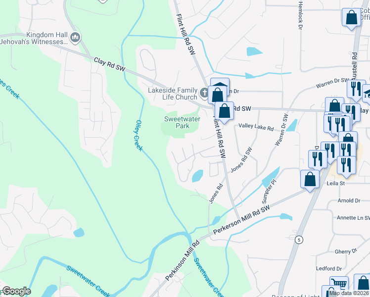 map of restaurants, bars, coffee shops, grocery stores, and more near 5105 Park Circle in Austell