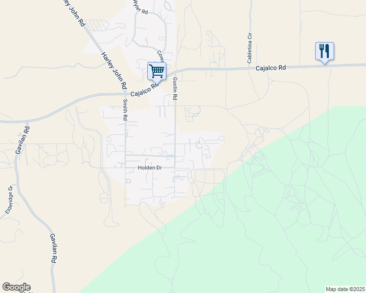 map of restaurants, bars, coffee shops, grocery stores, and more near 19810 Gustin Lane in Perris