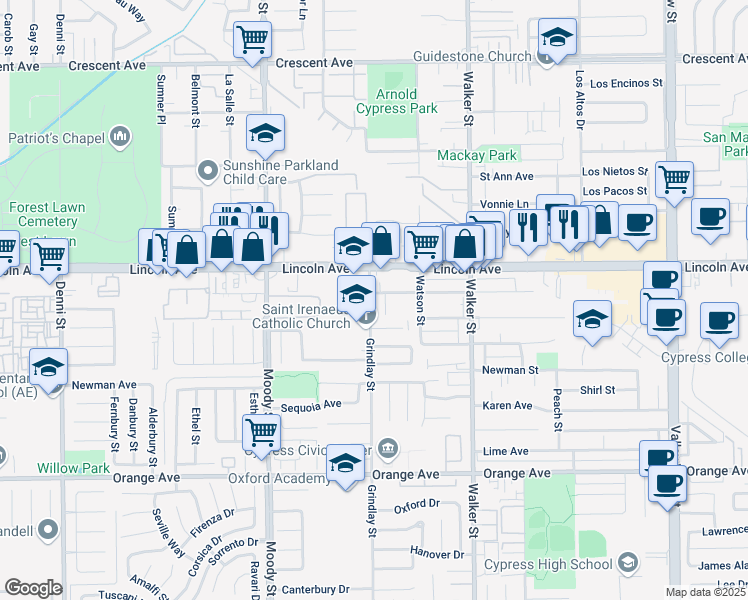map of restaurants, bars, coffee shops, grocery stores, and more near 5251 Bishop Street in Cypress