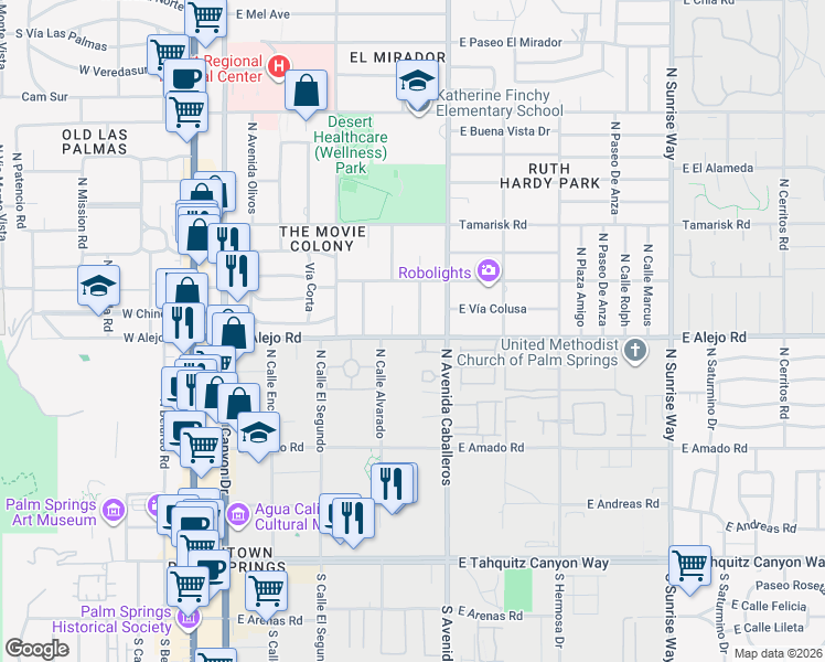 map of restaurants, bars, coffee shops, grocery stores, and more near 505 North Camino Real in Palm Springs