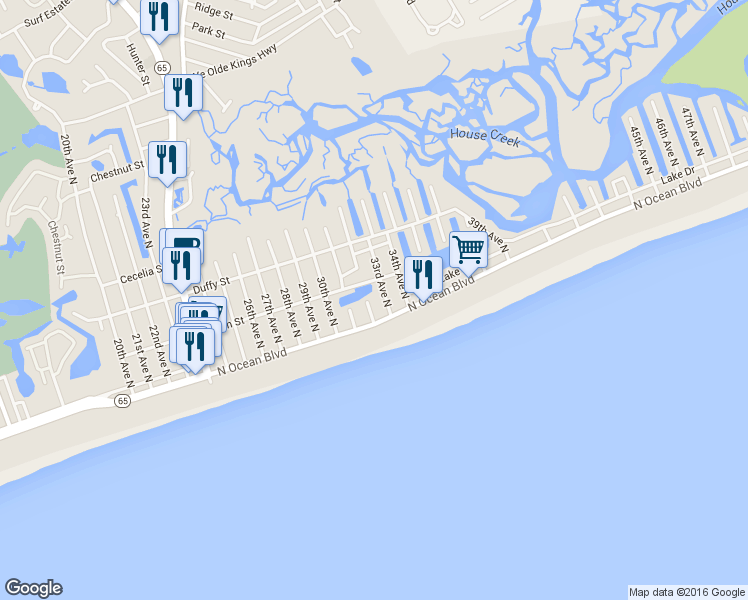 map of restaurants, bars, coffee shops, grocery stores, and more near 210 32nd Ave N in North Myrtle Beach