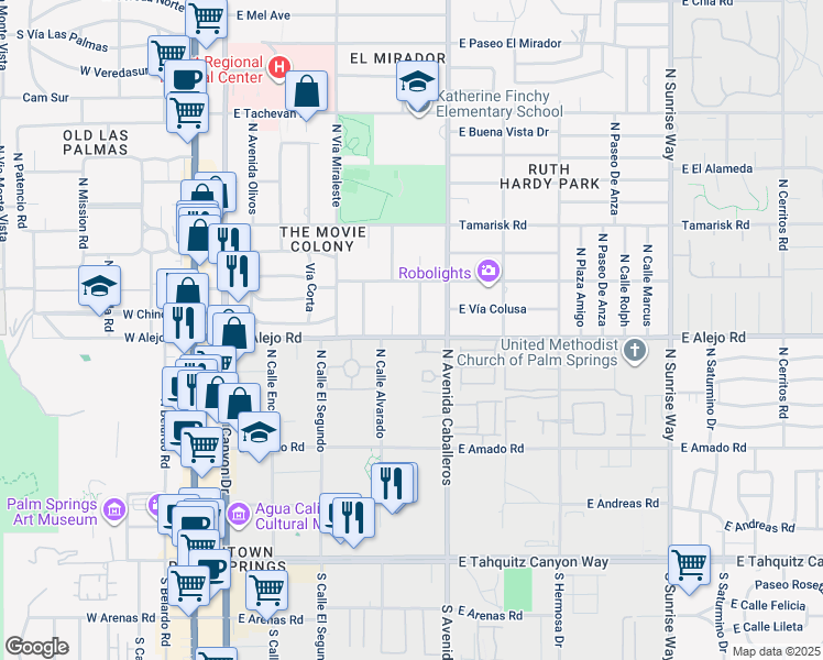 map of restaurants, bars, coffee shops, grocery stores, and more near 505 North Camino Real in Palm Springs