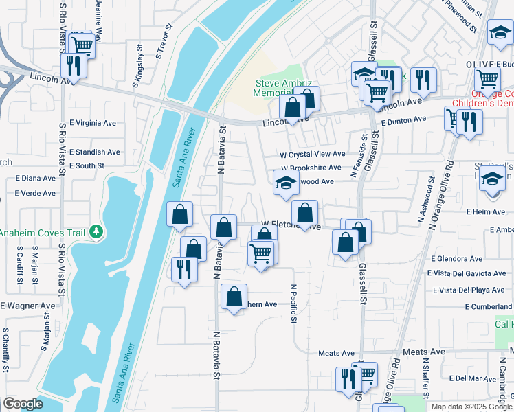 map of restaurants, bars, coffee shops, grocery stores, and more near 639 West Fletcher Avenue in Orange