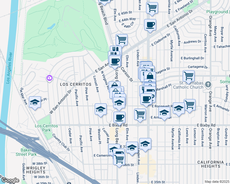 map of restaurants, bars, coffee shops, grocery stores, and more near 3945 Long Beach Boulevard in Long Beach