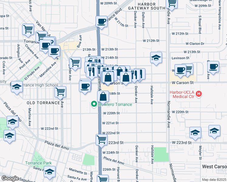 map of restaurants, bars, coffee shops, grocery stores, and more near 1615 West 218th Street in Torrance