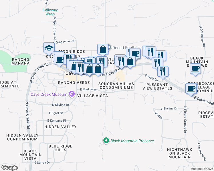 map of restaurants, bars, coffee shops, grocery stores, and more near 38001 North School House Road in Cave Creek