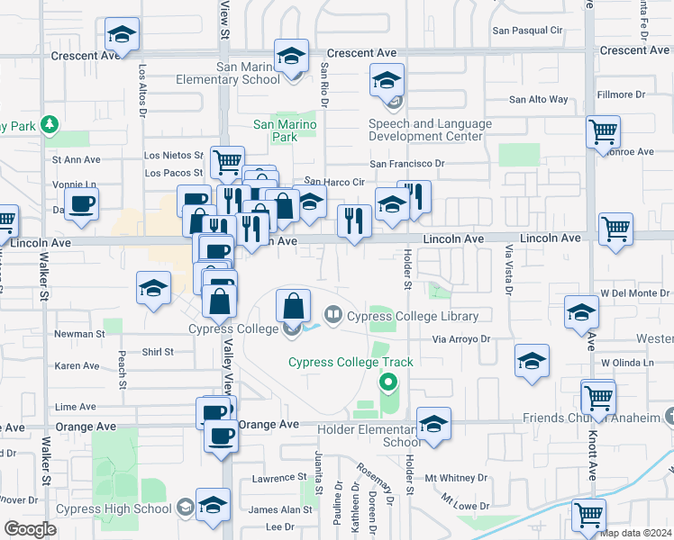 map of restaurants, bars, coffee shops, grocery stores, and more near 9033 Grand Circle in Cypress