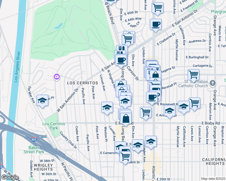 map of restaurants, bars, coffee shops, grocery stores, and more near 3945 North Virginia Road in Long Beach