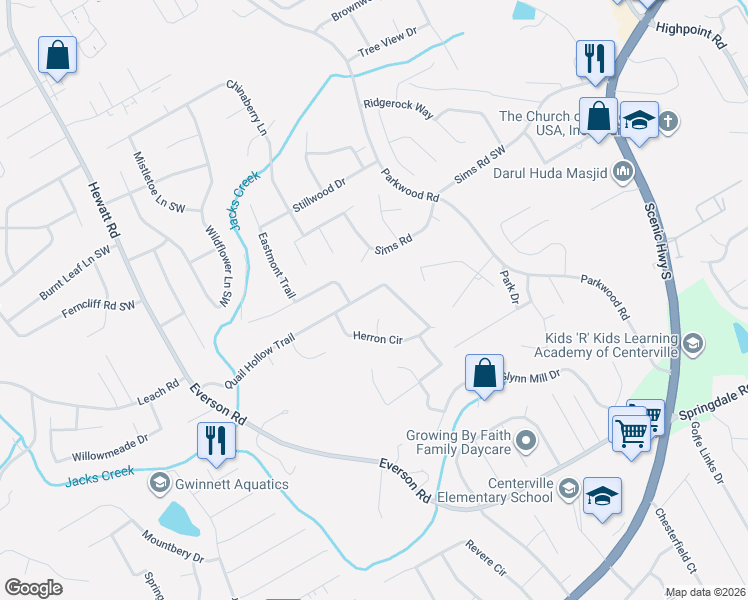 map of restaurants, bars, coffee shops, grocery stores, and more near 3451 Quail Hollow Trail in Snellville