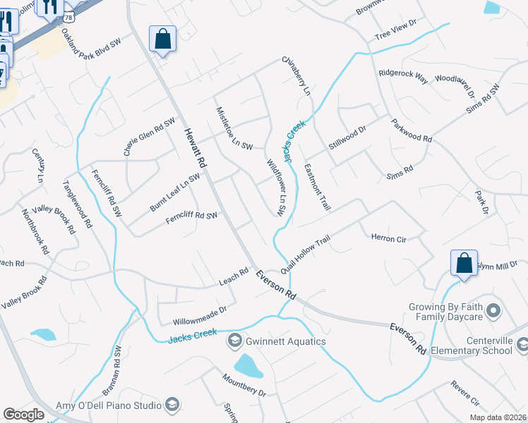 map of restaurants, bars, coffee shops, grocery stores, and more near 2664 Wildflower Lane Southwest in Snellville