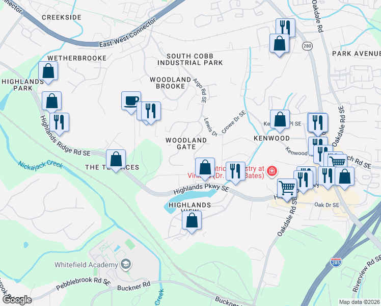 map of restaurants, bars, coffee shops, grocery stores, and more near in Smyrna
