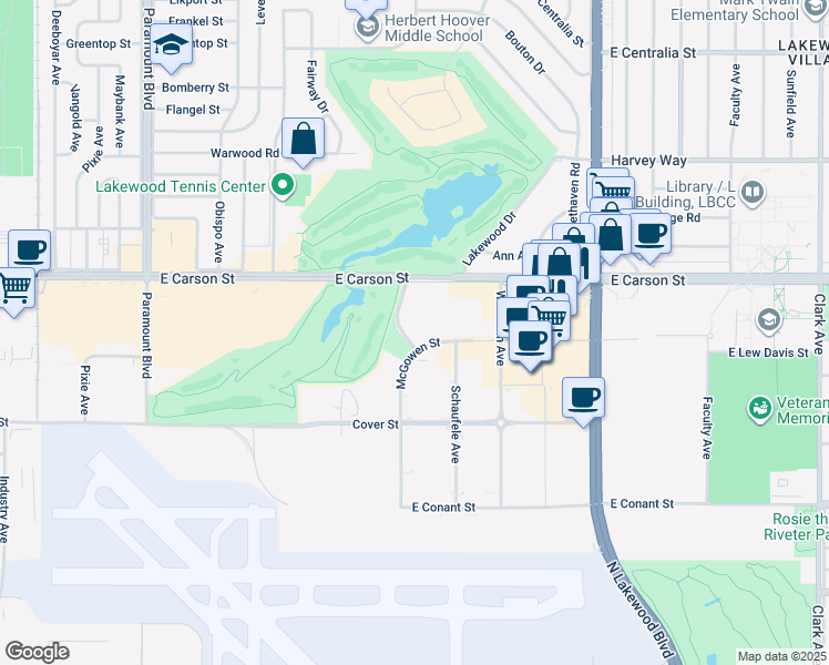 map of restaurants, bars, coffee shops, grocery stores, and more near 3881 McGowen Street in Lakewood