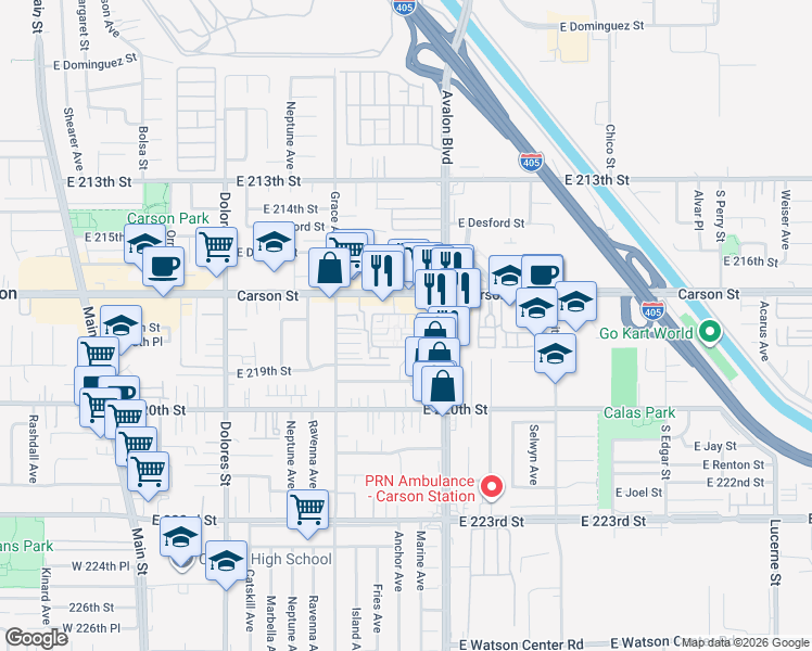 map of restaurants, bars, coffee shops, grocery stores, and more near 630 Colorado Circle in Carson