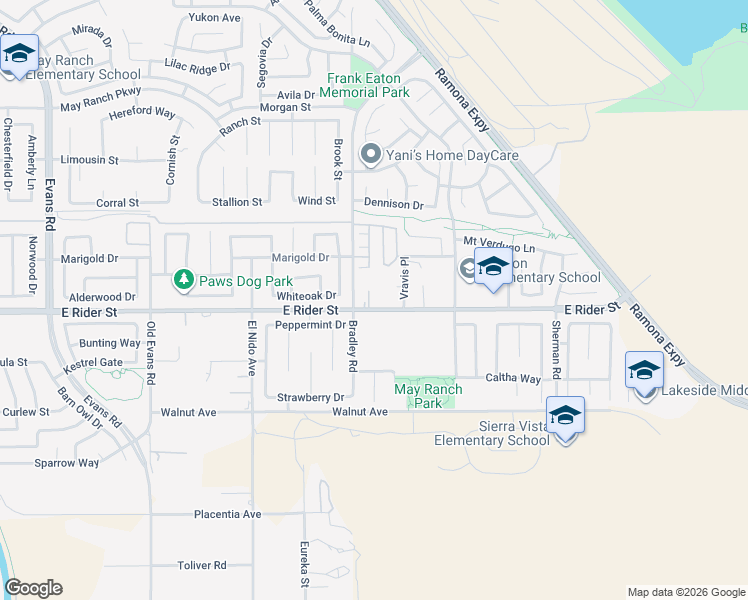 map of restaurants, bars, coffee shops, grocery stores, and more near 1644 East Rider Street in Perris