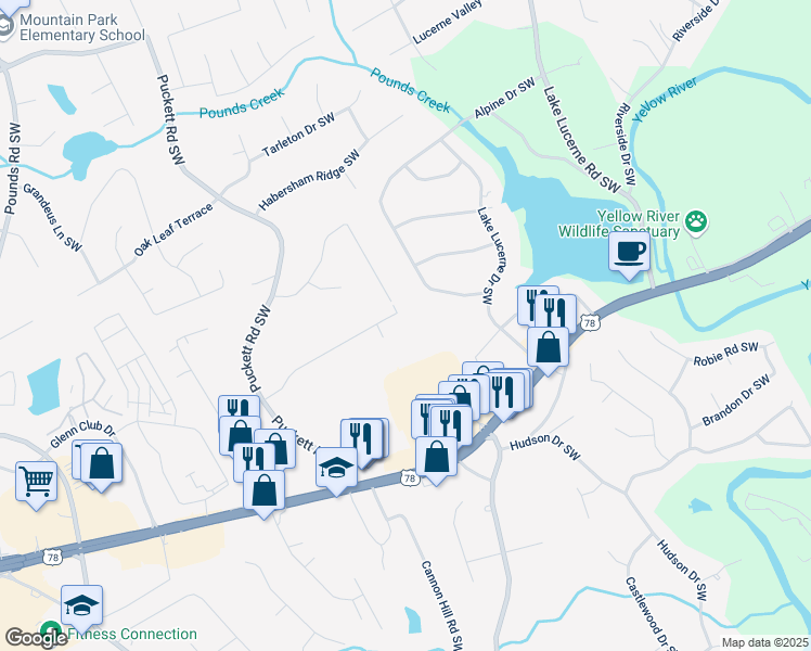 map of restaurants, bars, coffee shops, grocery stores, and more near 4856 Rock Haven Drive Southwest in Lilburn