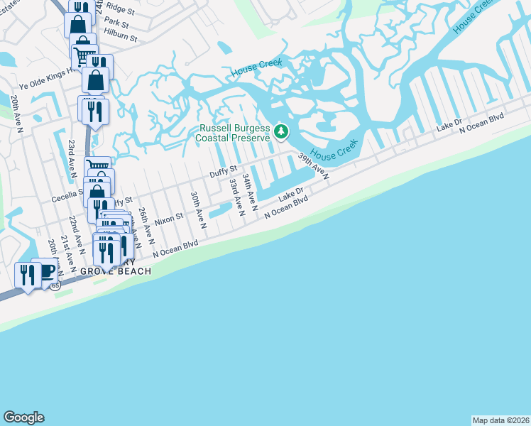 map of restaurants, bars, coffee shops, grocery stores, and more near 206 34th Avenue North in North Myrtle Beach