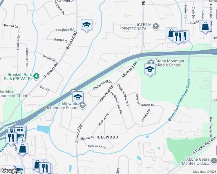 map of restaurants, bars, coffee shops, grocery stores, and more near 4159 Cedar Knoll Drive in Tucker