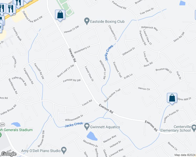 map of restaurants, bars, coffee shops, grocery stores, and more near 2675 Wildflower Lane Southwest in Snellville