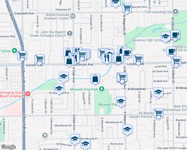 map of restaurants, bars, coffee shops, grocery stores, and more near 2726 West Lincoln Avenue in Anaheim