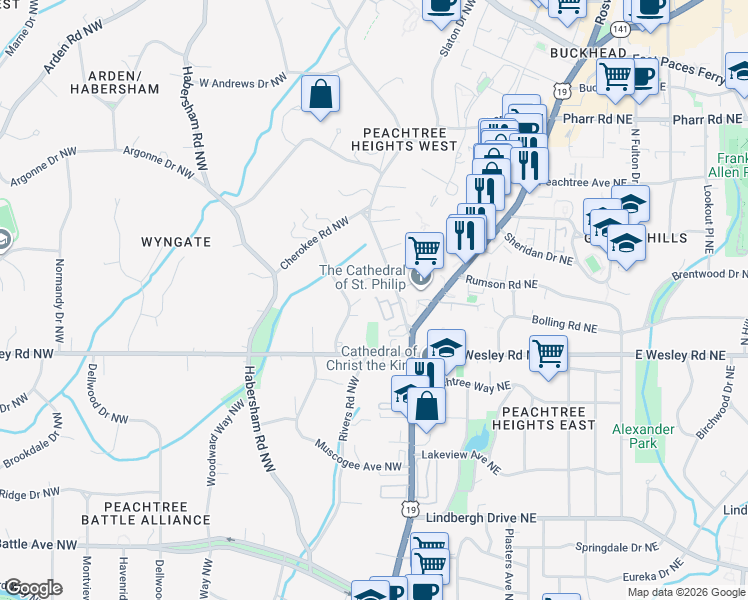 map of restaurants, bars, coffee shops, grocery stores, and more near 2774 Andrews Drive Northwest in Atlanta