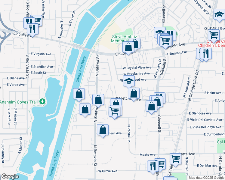 map of restaurants, bars, coffee shops, grocery stores, and more near 639 West Fletcher Avenue in Orange