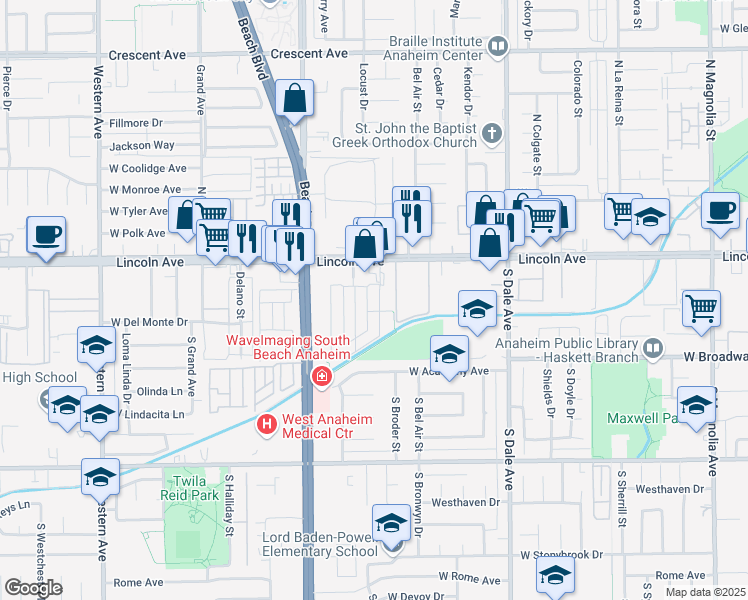 map of restaurants, bars, coffee shops, grocery stores, and more near 2912 West Lincoln Avenue in Anaheim