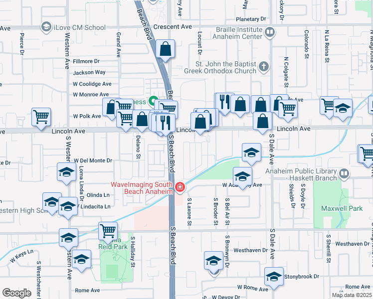 map of restaurants, bars, coffee shops, grocery stores, and more near 124 South Laxore Street in Anaheim