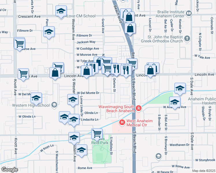 map of restaurants, bars, coffee shops, grocery stores, and more near 120 South Grand Avenue in Anaheim