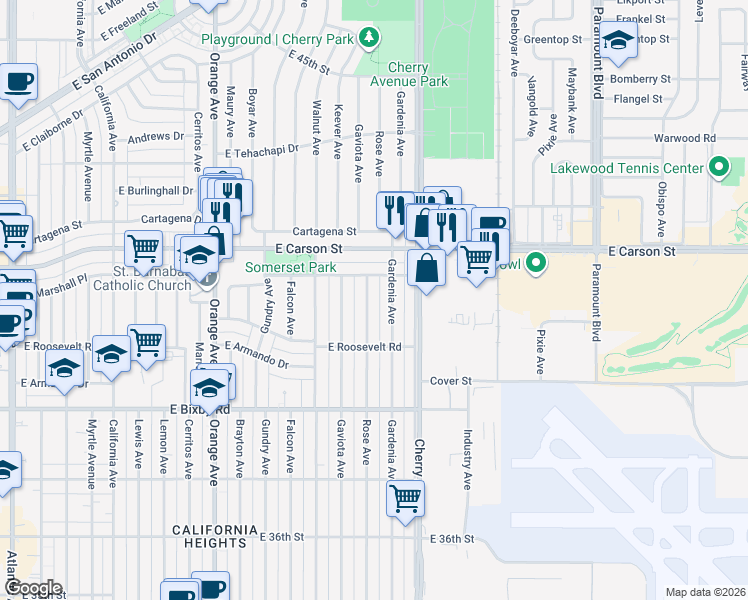 map of restaurants, bars, coffee shops, grocery stores, and more near 3973 Rose Avenue in Long Beach