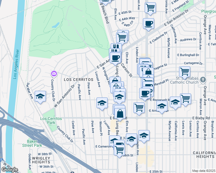 map of restaurants, bars, coffee shops, grocery stores, and more near 4005 North Virginia Road in Long Beach