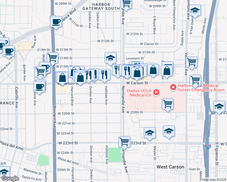 map of restaurants, bars, coffee shops, grocery stores, and more near 1326 West Carson Street in Torrance