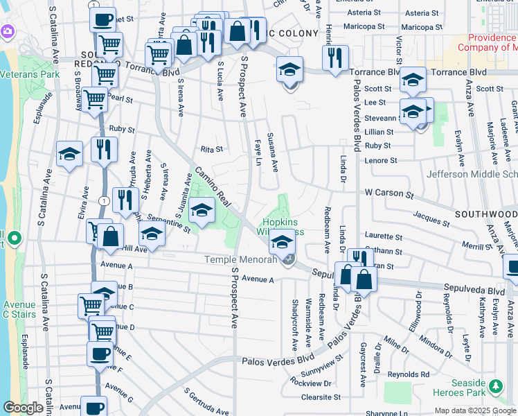 map of restaurants, bars, coffee shops, grocery stores, and more near 1105 Barbara Street in Redondo Beach