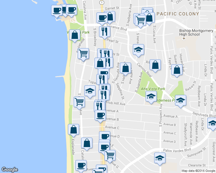 map of restaurants, bars, coffee shops, grocery stores, and more near 624 South Pacific Coast Highway in Redondo Beach