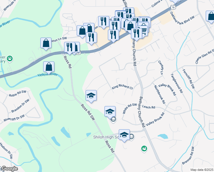 map of restaurants, bars, coffee shops, grocery stores, and more near 4327 Wellington Hills Lane in Snellville