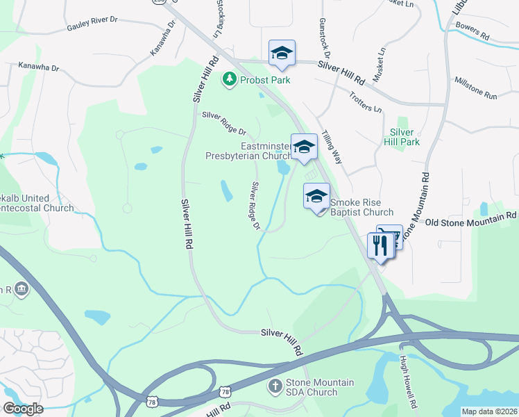 map of restaurants, bars, coffee shops, grocery stores, and more near 5664 Silver Ridge Drive in Stone Mountain